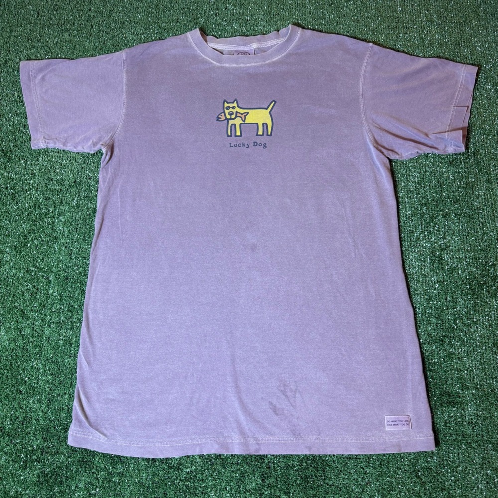 Life is Good Lucky Dog Crusher Tee Purple Cotton Graphic T-Shirt Mens Medium